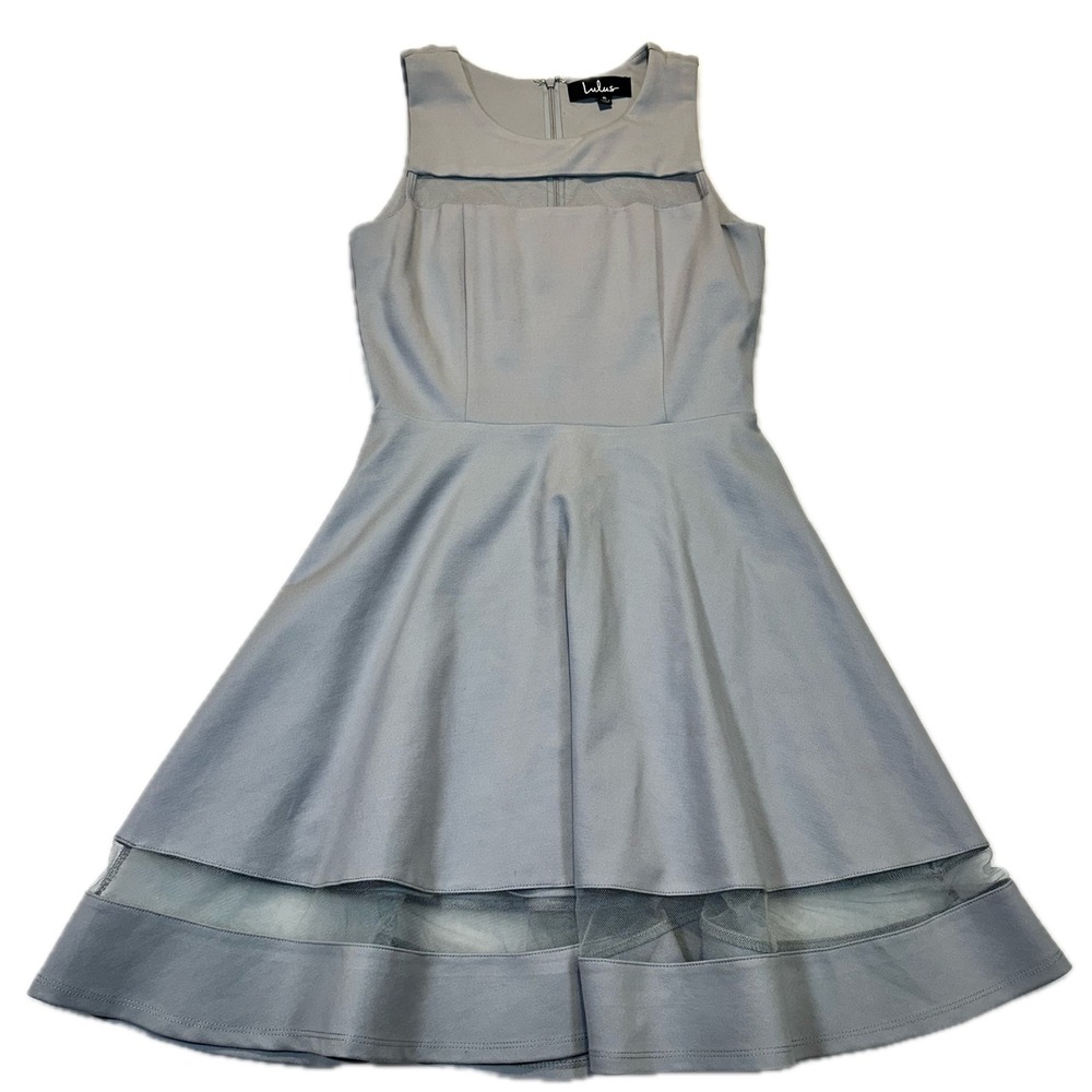 Lulus Blue Grey Mesh Insert Fit‎ and Flare Dress Sleeveless JD6827 Womens Small